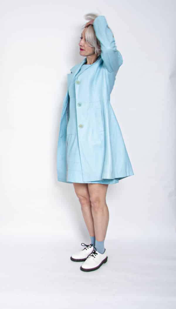 90s Lederset Kleid Mantel Azurblau 38 – Bild 5