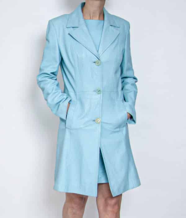 90s Lederset Kleid Mantel Azurblau 38 – Bild 2