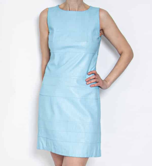 90s Lederset Kleid Mantel Azurblau 38 – Bild 6