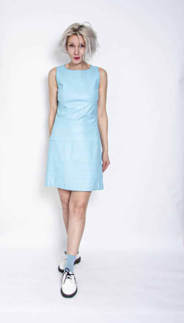 90s Lederset Kleid Mantel Azurblau 38 – Bild 7