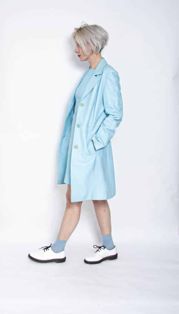 90s Lederset Kleid Mantel Azurblau 38 – Bild 4